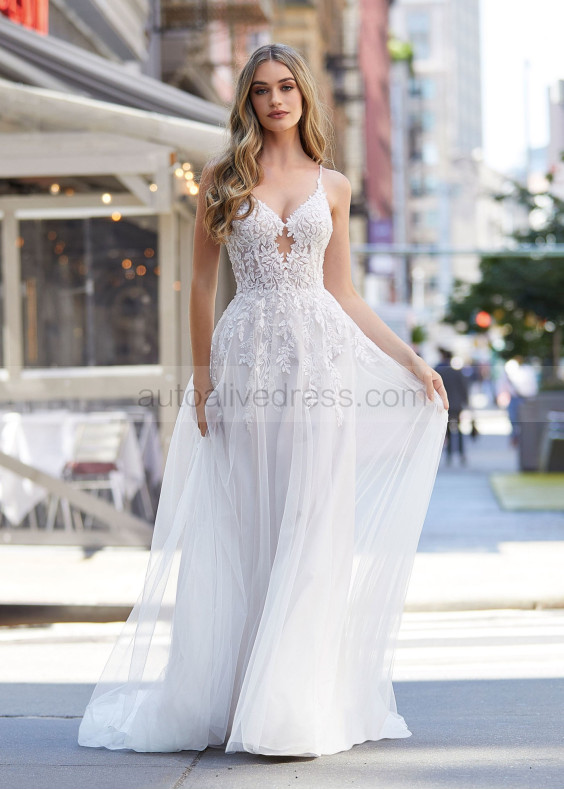 Beaded Ivory Lace Tulle Keyhole Back Romantic Wedding Dress